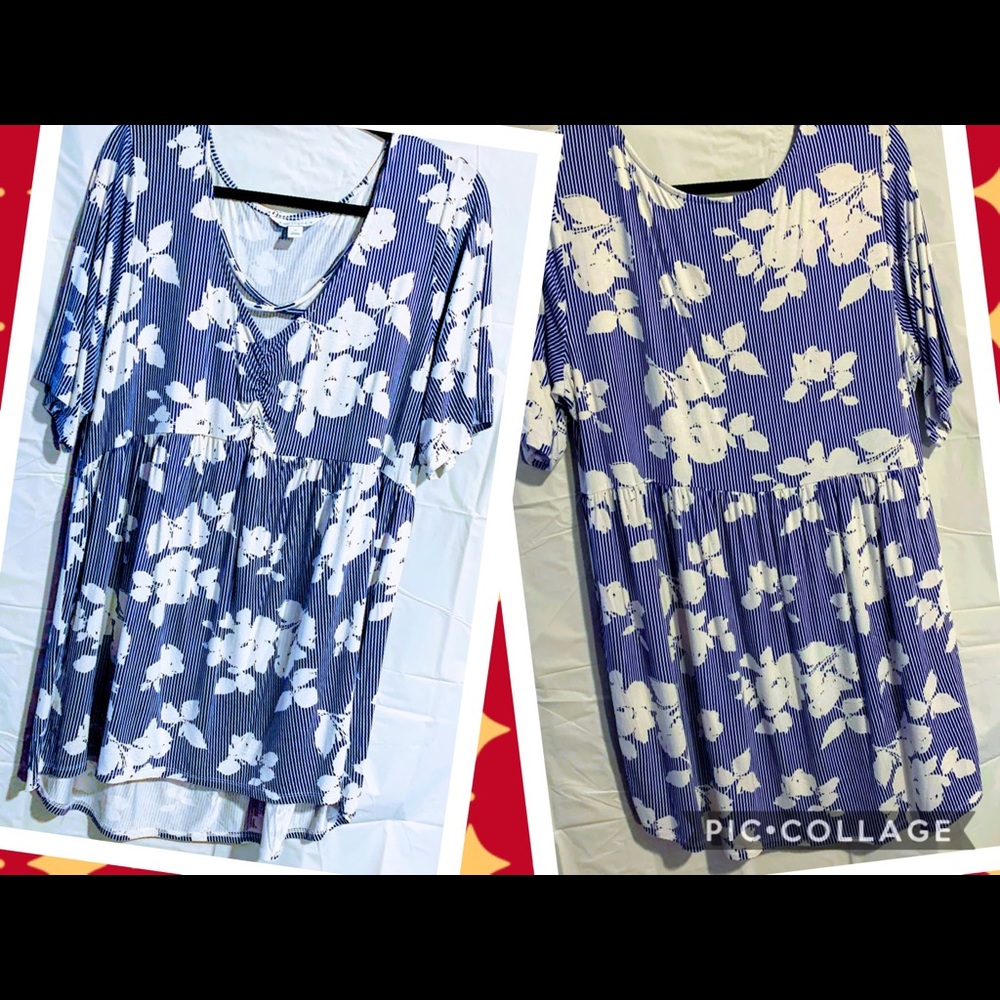 Boutique Hi-Low Flowy Top in Blue Stripes